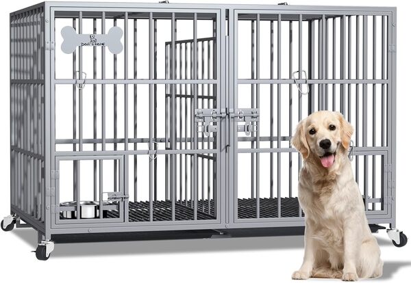 Cage pour chien avec plateau de sol, cage pour chien avec cloison de séparation, caisse grillagée avec 2 portes et plateau, caisse double 2 en 1, pour chiens de grande et moyenne taille, 107 x 73 x 69