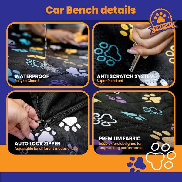 Housse de siège de voiture pour chien pour protection de siège arrière, hamac imperméable avec fenêtre de ventilation en maille, poches, antidérapant, anti-rayures, lavable, motif empreintes de