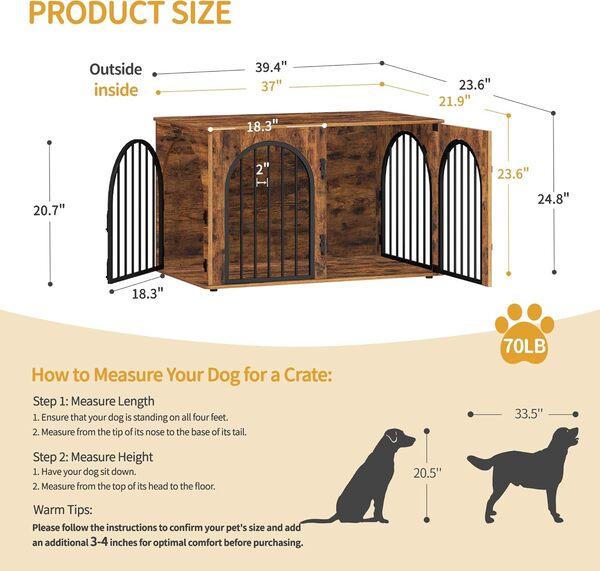 Hzuaneri 100cm Cage pour Chiens, Table d’Appoint, Niche Moderne pour Chiens Intérieur, Cage Chien de Taille Moyenne, Maisonnette pour Animaux, 3 Portes, Porte arquée, 100 x 60 x 63 cm, Marron Rustique
