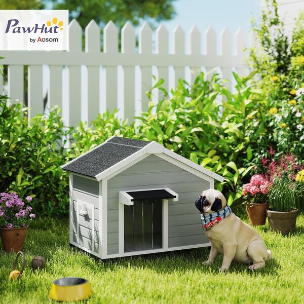 PawHut Niche pour Chien extérieur en Bois Massif, Maison Chien avec Toit en Asphalte ouvrable, Plancher Amovible, Pieds surélevés, Rideau de Porte, Gris Clair