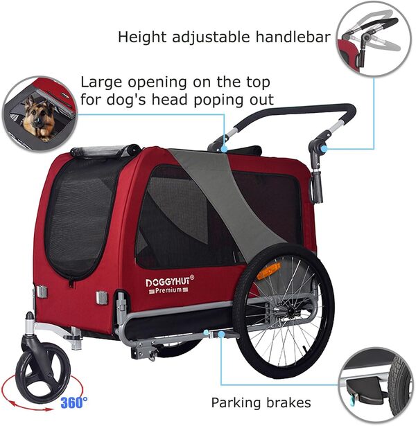 DOGGYHUT Remorque et poussette de vélo pour animaux de compagnie de grande taille ou plusieurs petits chiens, centre de gravité bas, freins de stationnement, cadre pliable facile, porte-vélo