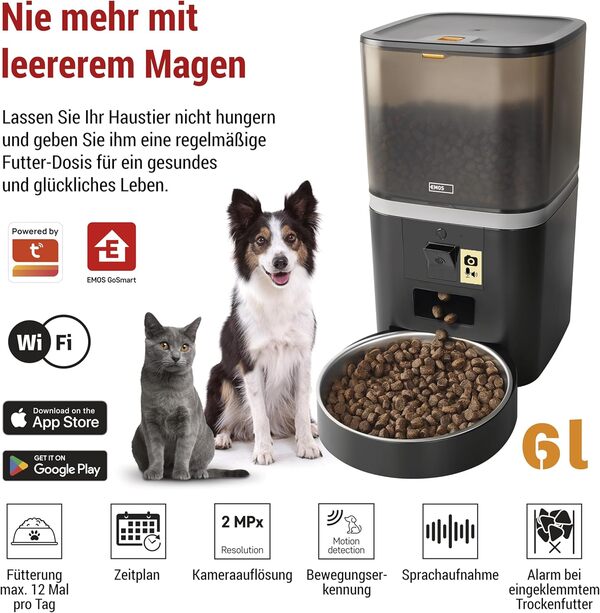 EMOS GoSmart Distributeur automatique de nourriture 6 l avec appareil photo – Distributeur de nourriture Wi-Fi Pet Care avec application – Distributeur de nourriture sèche pour chat et chien avec