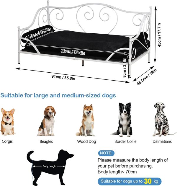 Canapé-lit pour animal domestique, cadre en métal, lit pour chien avec coussin en peluche lavable pour animal de compagnie de taille moyenne (blanc)