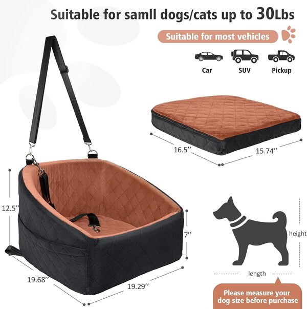NEEZUKAR Siège auto pour chiens de petite et moyenne taille, siège rehausseur amovible lavable pour chien de moins de 13,6 kg, siège de voiture pour animaux de compagnie avec poches de rangement et